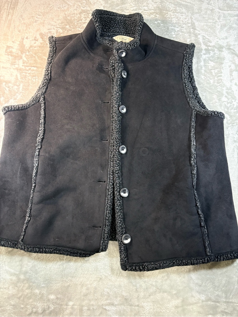 LL Bean Black Sherpa Lined Faux Suede Vest Womens XL Button Front
